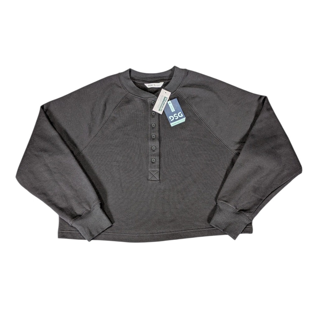 DSG Womens Favorite Fleece Henley Sweatshirt Gray Cropped Medium NWT